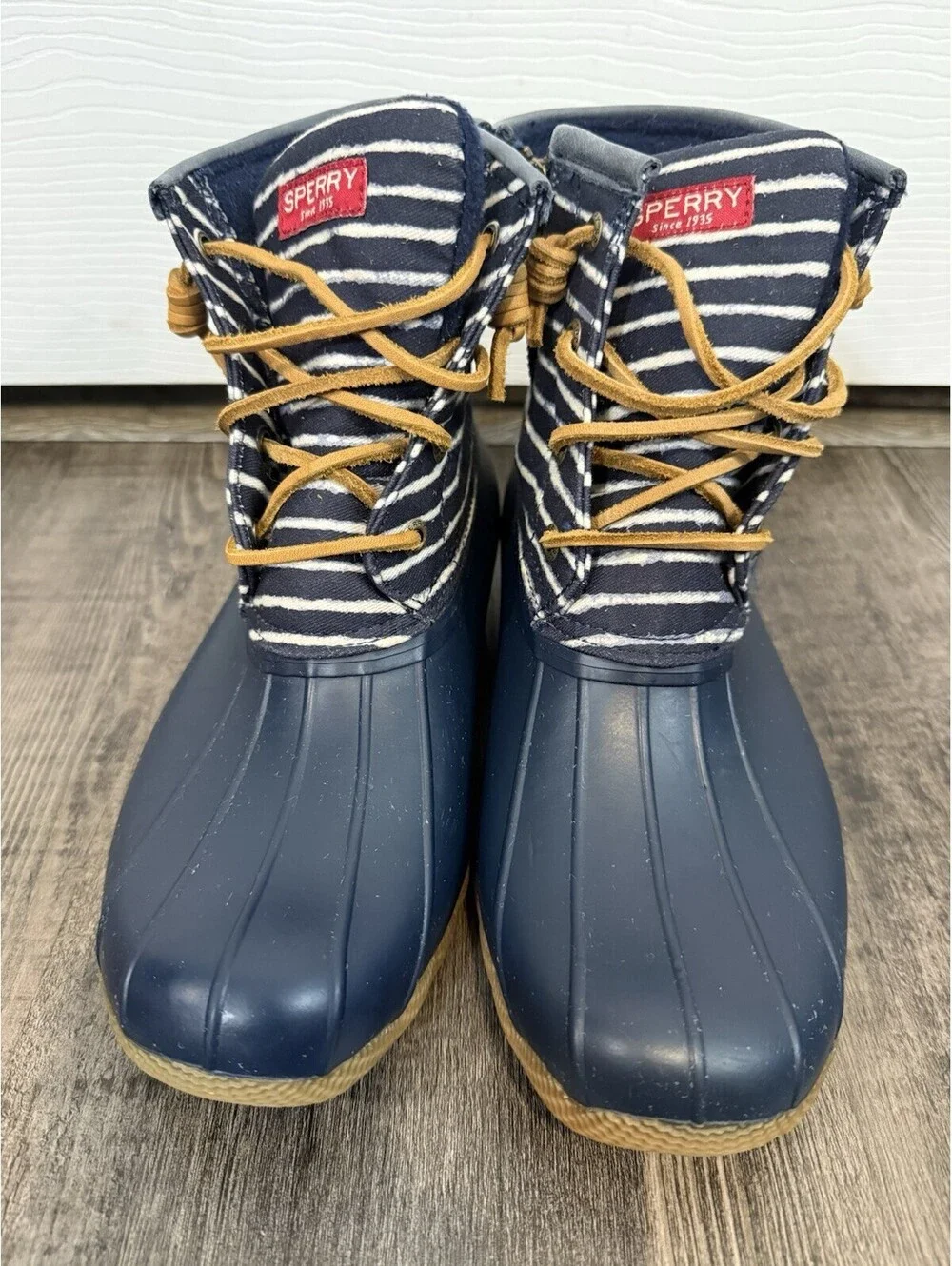 Sperry Saltwater Duck Boots Women’s Size 7 Navy Rubber Stripe Canvas Waterproof